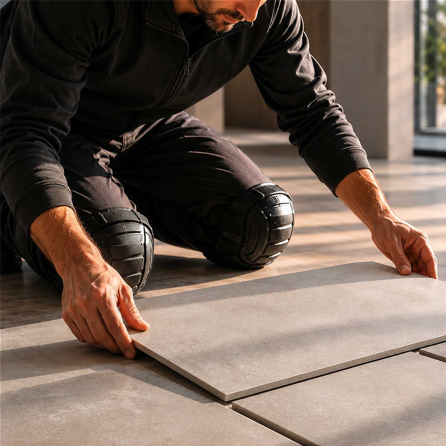 Posatore professionista in tuta da lavoro scura verifica le stonalizzazione e l'effetto delle grafiche di piastrelle affiancate, all'interno di un cantiere ordinato illuminato da luce naturale.