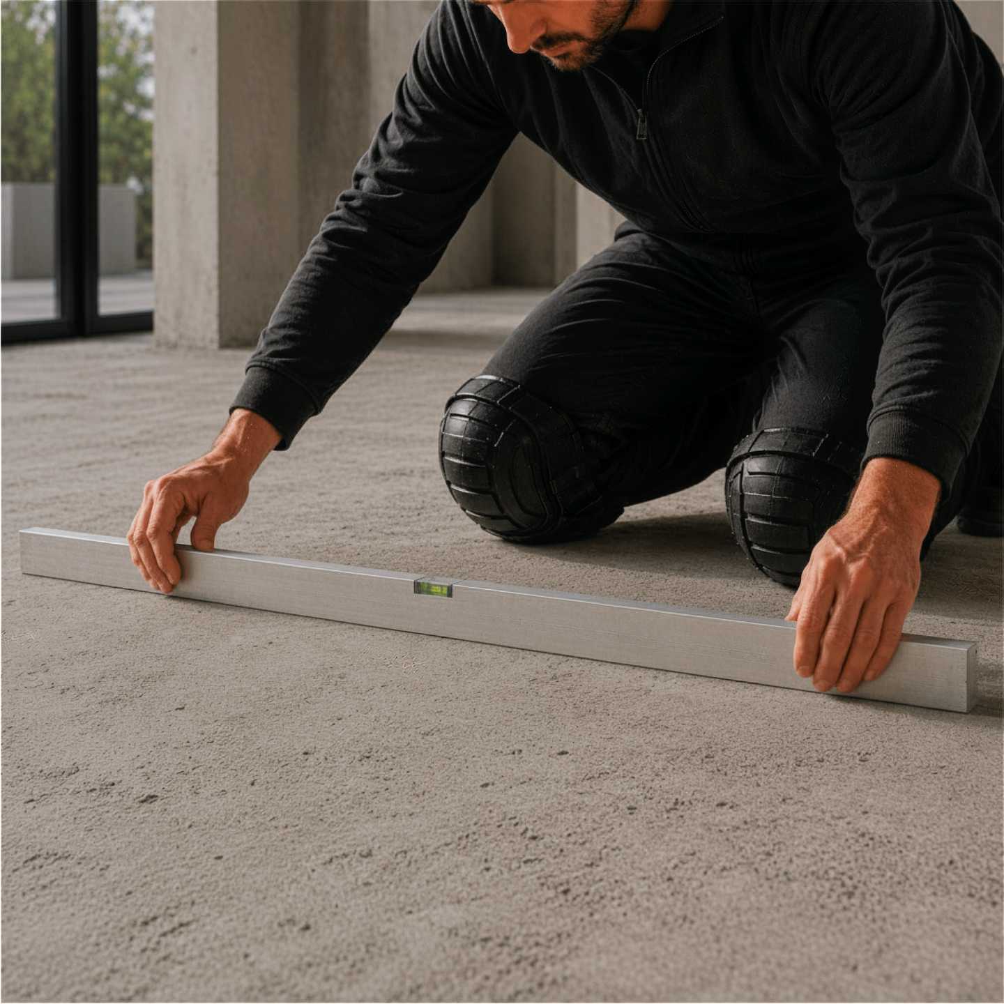 Posatore professionista inginocchiato verifica la planarità di un massetto cementizio rasato mediante una lunga livella in alluminio, all'interno di un cantiere ordinato e luminoso. La superficie grezza del sottofondo è pronta per la successiva posa di pavimenti in gres porcellanato, con luce naturale che valorizza i dettagli tecnici e le texture del cemento.