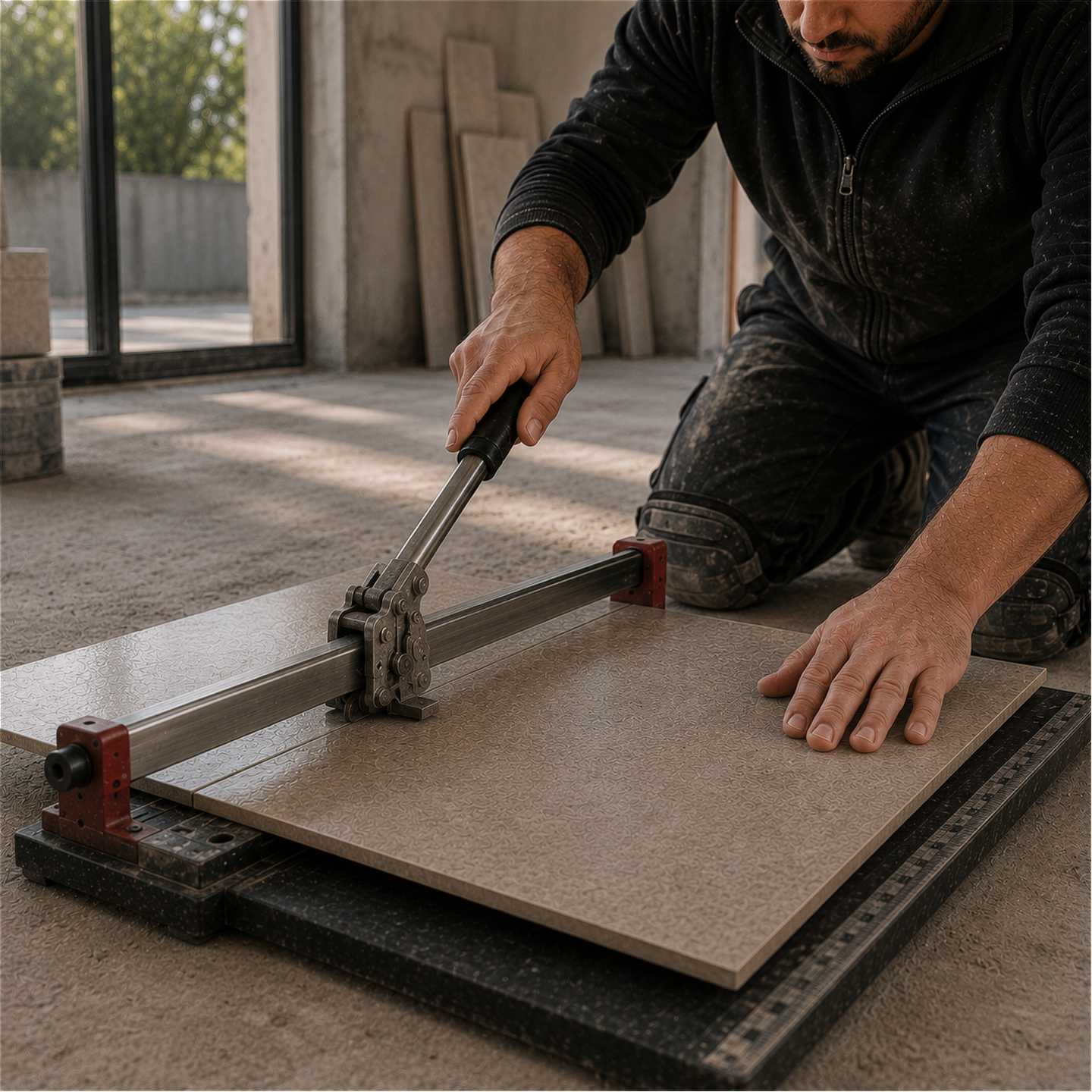 Posatore professionista inginocchiato utilizza una tagliapiastrelle manuale professionale da cantiere per eseguire il taglio di una grande lastra in gres porcellanato effetto cemento. Le mani guidano con precisione il materiale lungo la guida di taglio, all'interno di un ambiente di lavoro ordinato e illuminato da luce naturale, con attenzione ai dettagli e alla qualità della lavorazione.