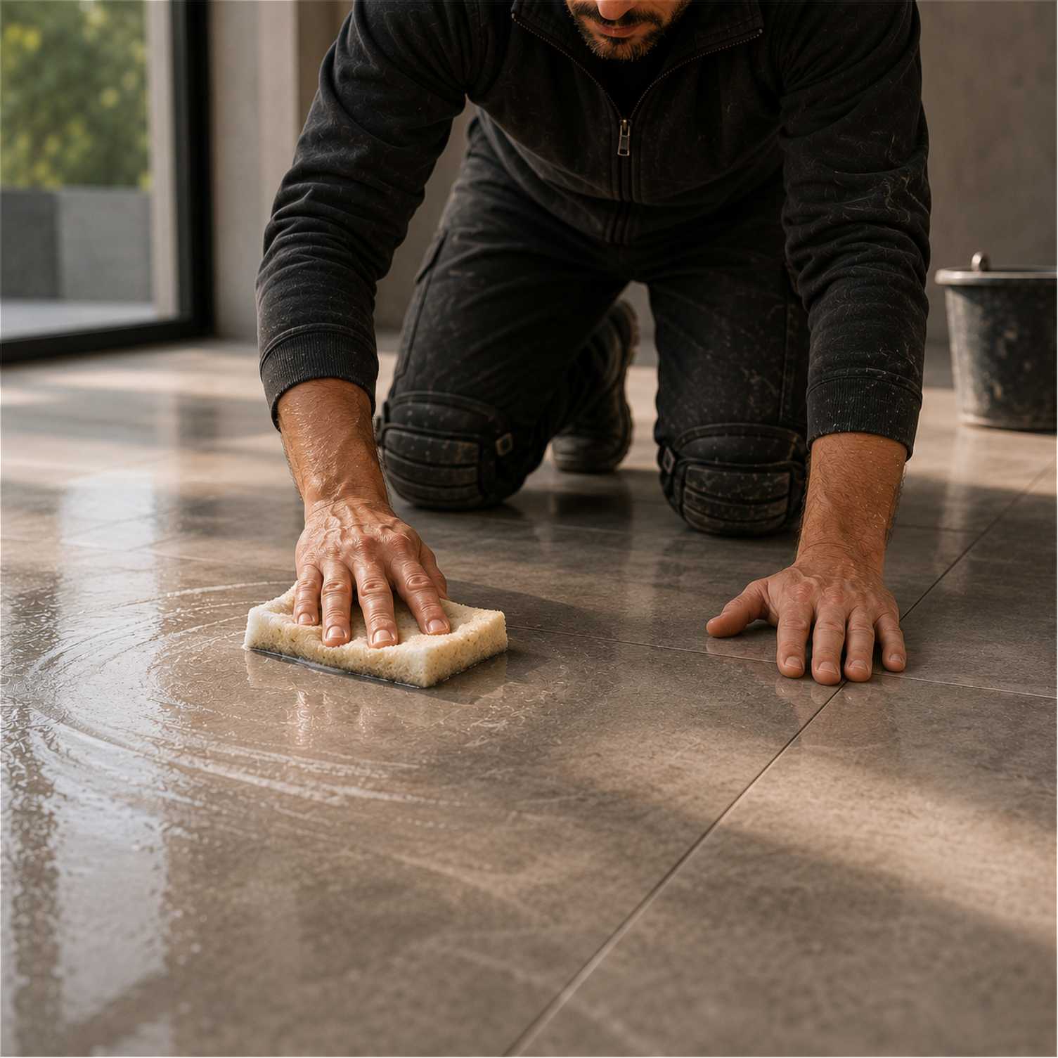 Posatore professionista inginocchiato su un pavimento in gres porcellanato appena posato rimuove i residui di stucco con una spugna in microfibra umida. In primo piano sono visibili la superficie bagnata, i riflessi dell'acqua e le fughe perfettamente pulite, all'interno di un ambiente luminoso e ordinato illuminato da luce naturale.