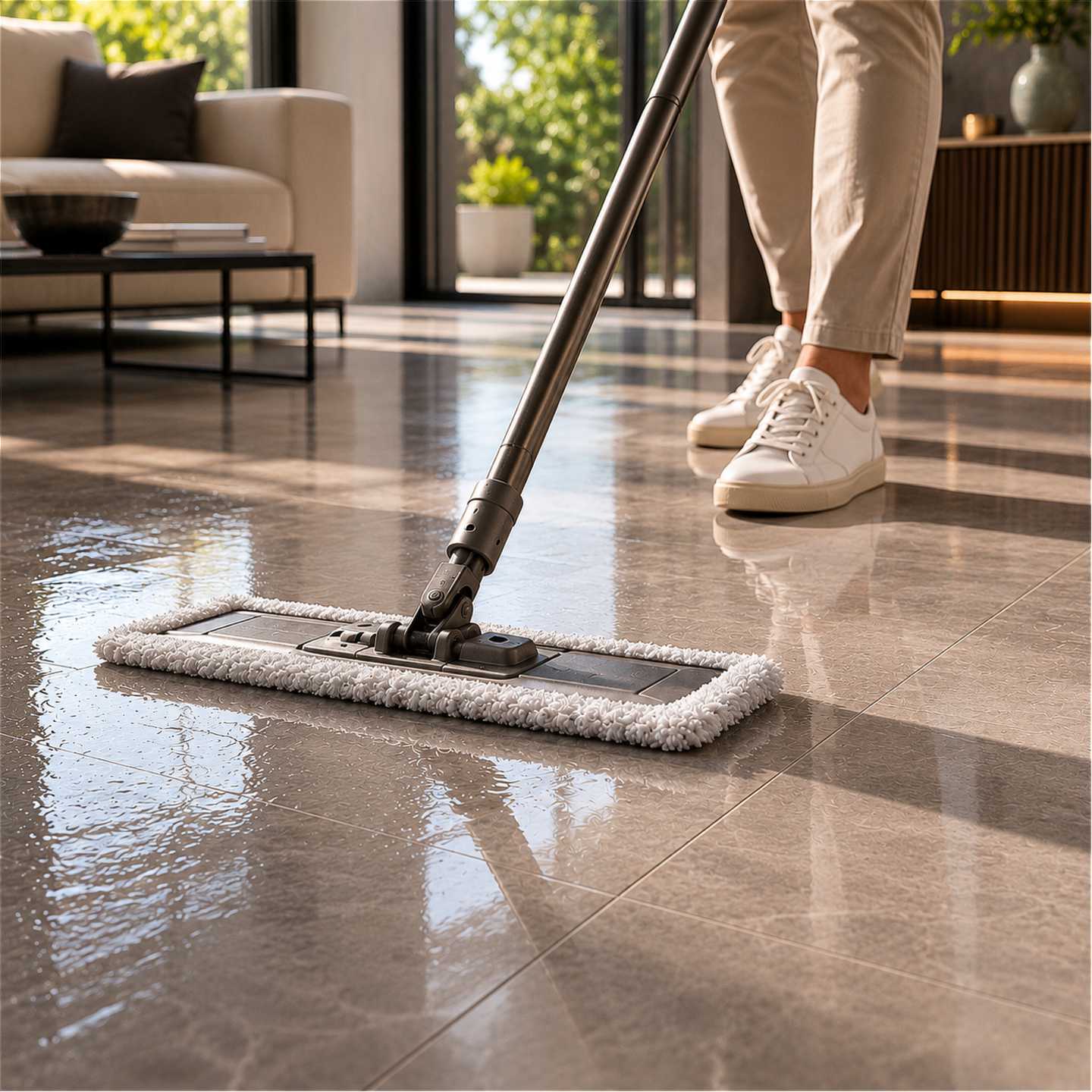 Persona all'interno di un'abitazione contemporanea di design esegue la pulizia ordinaria di un pavimento in gres porcellanato effetto pietra utilizzando un mocio in microfibra. In primo piano sono visibili la superficie perfettamente pulita, i riflessi della luce naturale e le texture realistiche del gres, mentre sullo sfondo sfocato si intravedono arredi moderni e ampie vetrate che valorizzano l'ambiente residenziale.
