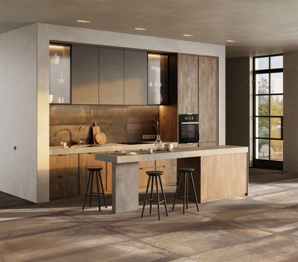 La collezione Hemisphere Copper nel formato 60x120 cm riveste con eleganza il pavimento e il backsplash di questa cucina moderna e di design. Le piastrelle in gres porcellanato effetto metallo, caratterizzate da calde sfumature ramate e brunite, donano un carattere contemporaneo e sofisticato all'ambiente. La scena mostra una cucina lineare con basi in legno e pensili scuri, arricchita da un'isola centrale con top in cemento grigio e tre sgabelli minimalisti. La luce naturale, che entra da una grande vetrata sullo sfondo, esalta la texture metallica e le variazioni cromatiche della posa, creando un'atmosfera calda, accogliente e lussuosa.