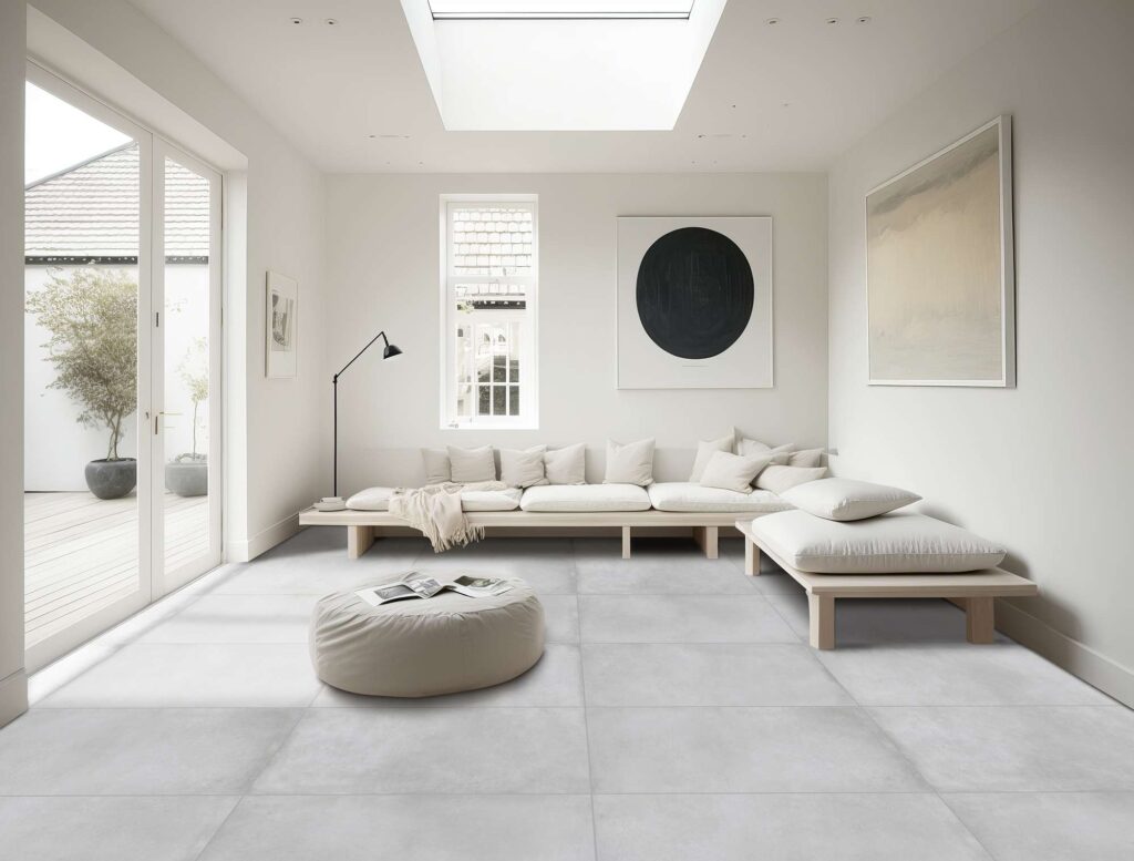 La collezione XO in variante Smoke, nel formato 60x120 cm, definisce lo stile di questo luminoso e raffinato soggiorno dal design minimalista. Il pavimento in gres porcellanato grigio chiaro, con posa regolare a correre, riflette la luce naturale proveniente dall'ampio lucernario a soffitto e dalle grandi vetrate che si aprono sul patio esterno. L'ambiente è caratterizzato da arredi essenziali nei toni del bianco e del legno naturale, con divani bassi, un pouf circolare al centro della stanza e quadri astratti alle pareti, creando un'atmosfera di serena e moderna eleganza.