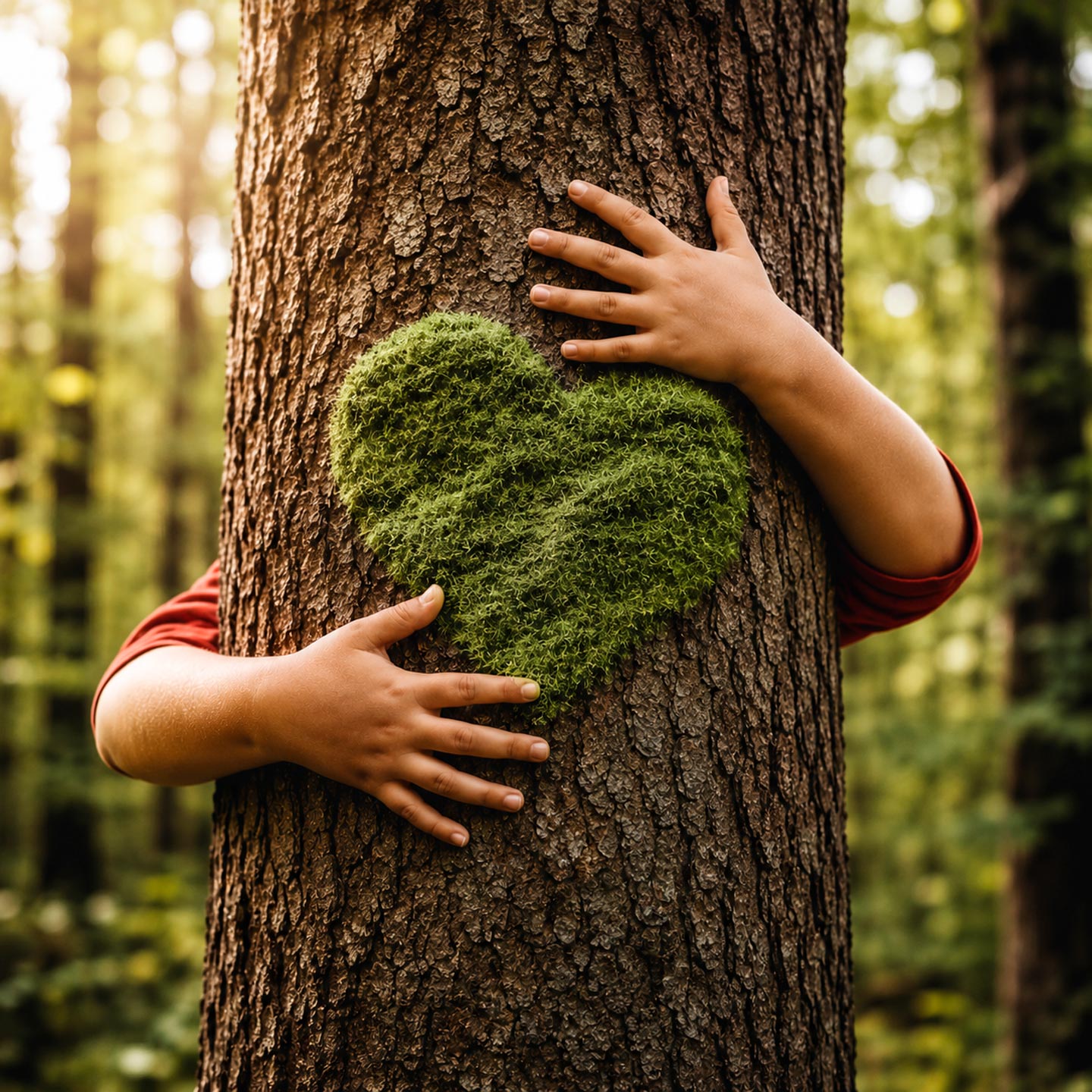 A child hugging a tree trunk in a forest, with a green moss heart in the center, a symbol of sustainability and connection with nature.
