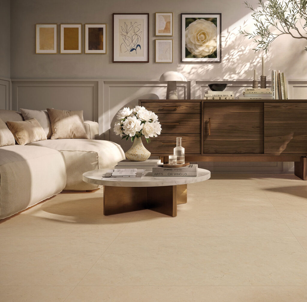 Ambiente living Gambini Group con pavimento della collezione Origin3 nel colore Dune, caratterizzato da una superficie materica effetto pietra.