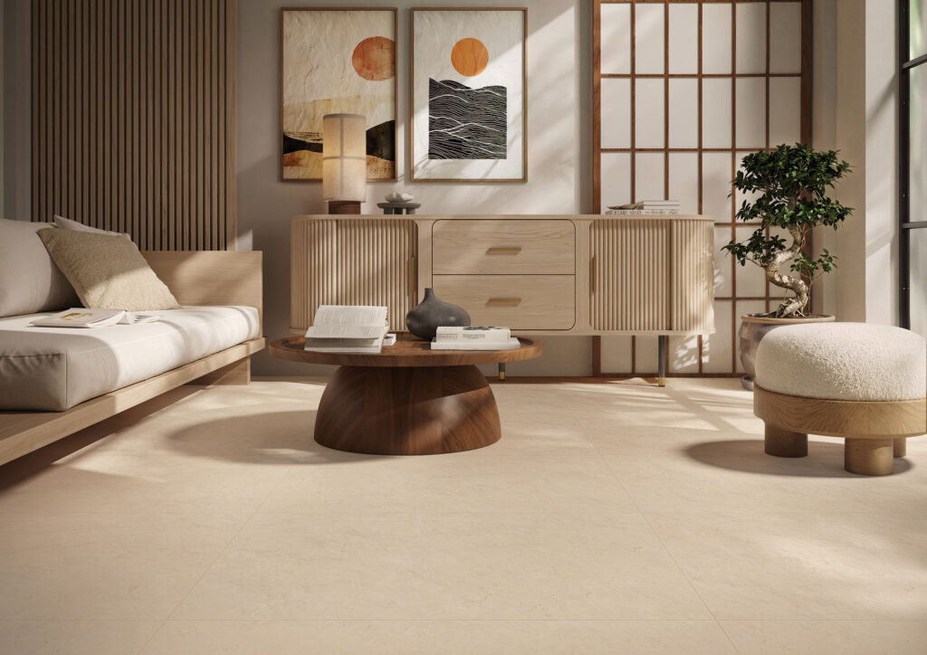 Ambiente living Gambini Group con pavimento della collezione Origin3 nei colori Dune e Talc, caratterizzato da una superficie materica effetto pietra.