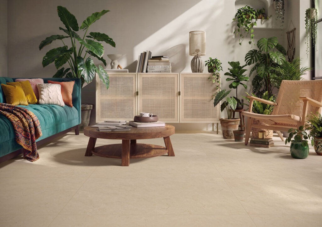 Ambiente living Gambini Group con pavimento della collezione Origin3 nei colori Dune e Talc, caratterizzato da una superficie materica effetto pietra.